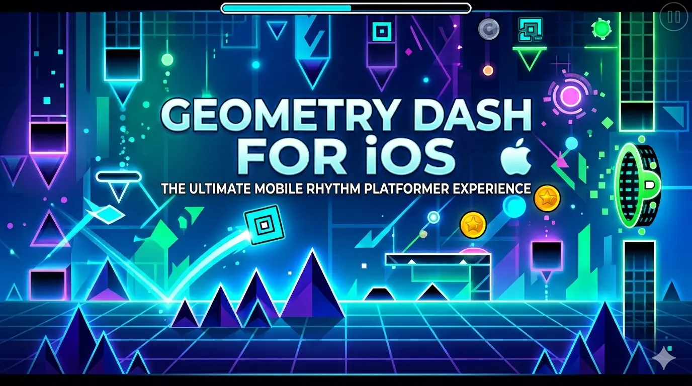 A cube jumps past neon obstacles on a mobile screen in Geometry Dash for iOS.